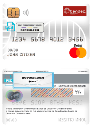 Cuba Bandec Banco de Credito y Comercio bank mastercard debit card template in PSD format, fully editable