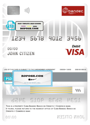 Cuba Bandec Banco de Credito y Comercio bank visa card debit card template in PSD format, fully editable
