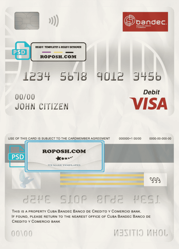 Cuba Bandec Banco de Credito y Comercio bank visa card debit card template in PSD format, fully editable
