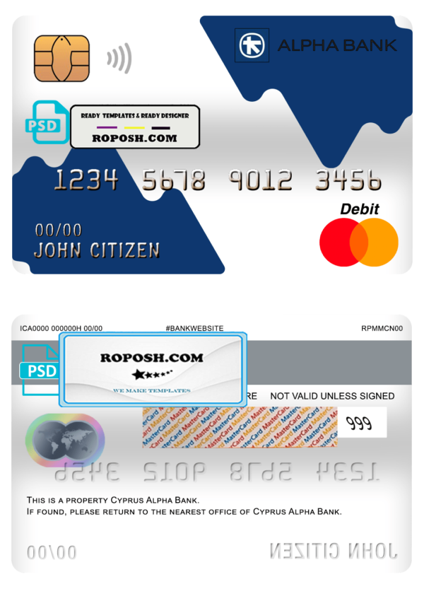 Cyprus Alpha bank mastercard debit card template in PSD format, fully editable