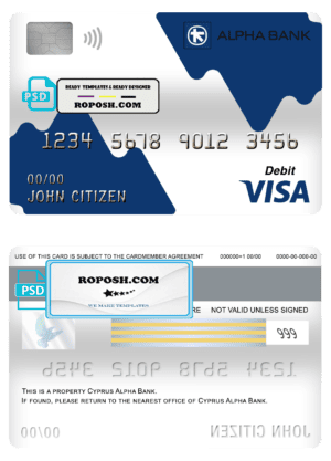 Cyprus Alpha bank visa card debit card template in PSD format, fully editable