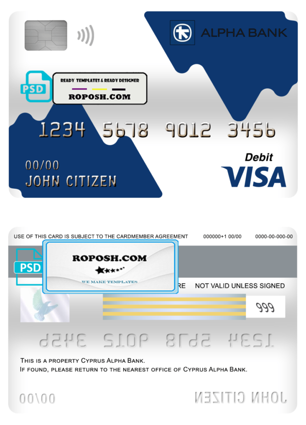 Cyprus Alpha bank visa card debit card template in PSD format, fully editable