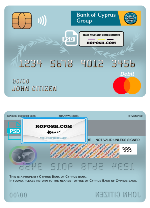 Cyprus Bank of Cyprus bank mastercard debit card template in PSD format, fully editable
