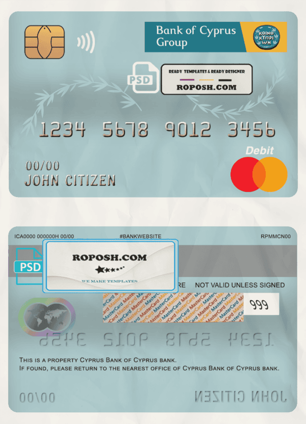 Cyprus Bank of Cyprus bank mastercard debit card template in PSD format, fully editable