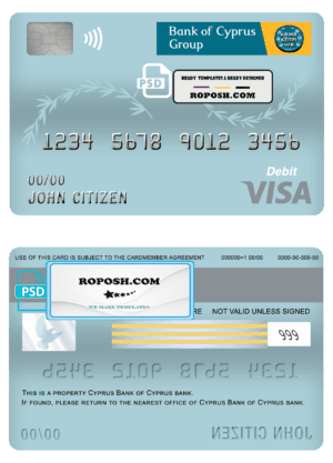 Cyprus Bank of Cyprus bank visa card debit card template in PSD format, fully editable
