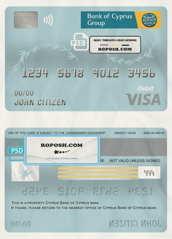 Cyprus Bank of Cyprus bank visa card debit card template in PSD format, fully editable