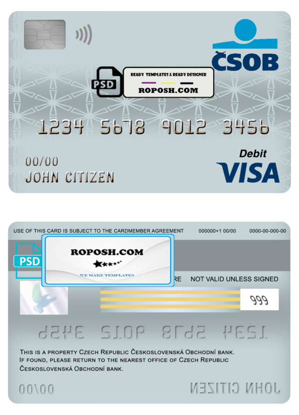 Czech Republic Československá Obchodní bank visa card debit card template in PSD format, fully editable