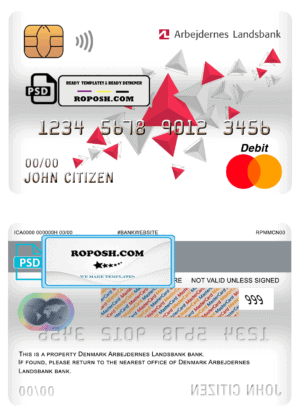 Denmark Arbejdernes Landsbank mastercard debit card template in PSD format, fully editable
