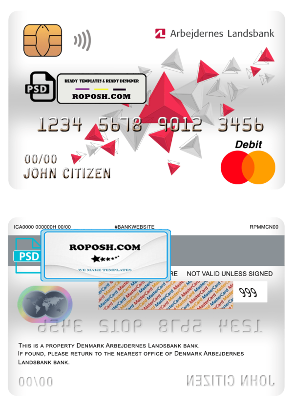 Denmark Arbejdernes Landsbank mastercard debit card template in PSD format, fully editable