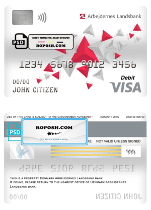 Denmark Arbejdernes Landsbank visa card debit card template in PSD format, fully editable