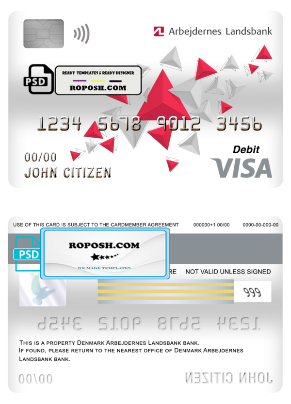 Denmark Arbejdernes Landsbank visa card debit card template in PSD format, fully editable