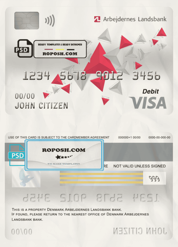 Denmark Arbejdernes Landsbank visa card debit card template in PSD format, fully editable