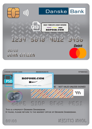 Denmark Danskebank bank mastercard debit card template in PSD format, fully editable