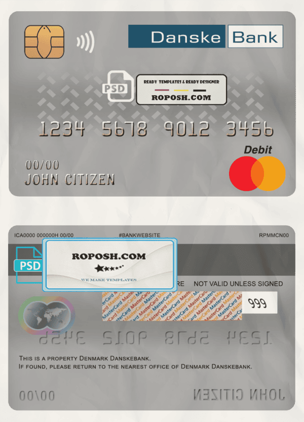 Denmark Danskebank bank mastercard debit card template in PSD format, fully editable