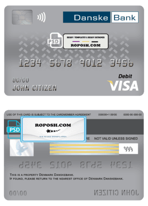 Denmark Danskebank bank visa card debit card template in PSD format, fully editable