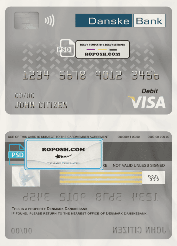 Denmark Danskebank bank visa card debit card template in PSD format, fully editable