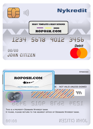 Denmark Nykredit bank mastercard debit card template in PSD format, fully editable