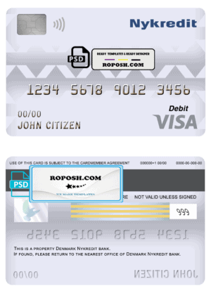 Denmark Nykredit bank visa card debit card template in PSD format, fully editable