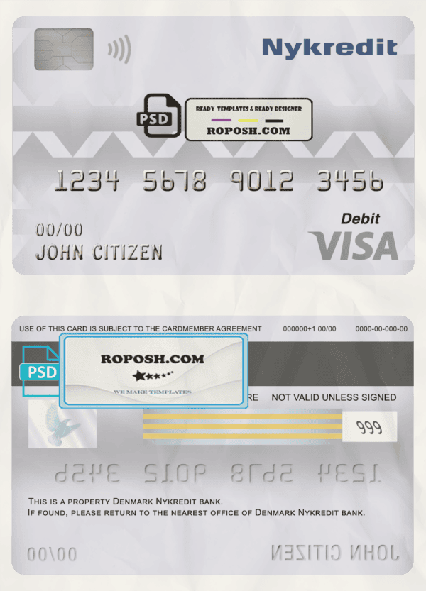 Denmark Nykredit bank visa card debit card template in PSD format, fully editable