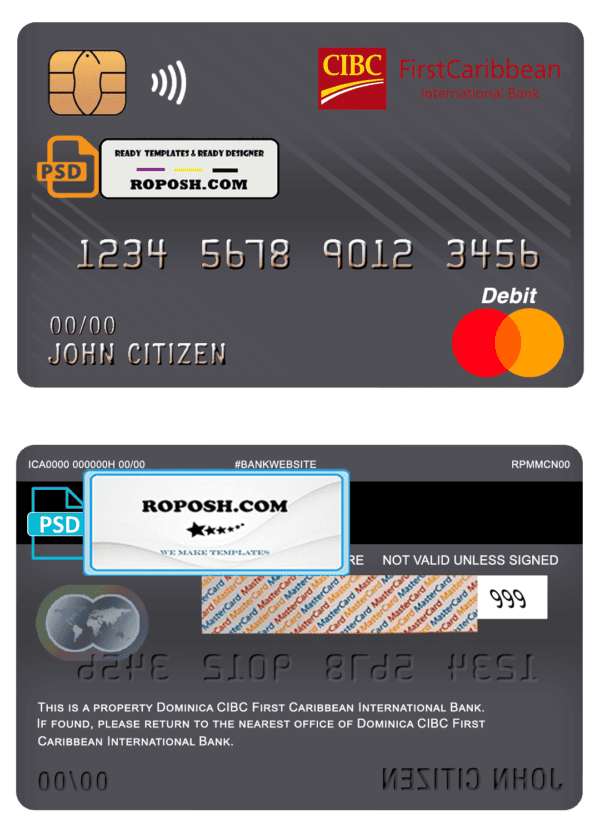 Dominica CIBC First Caribbean International bank mastercard debit card template in PSD format, fully editable