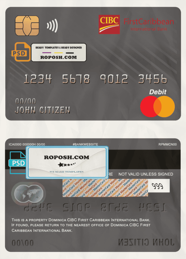 Dominica CIBC First Caribbean International bank mastercard debit card template in PSD format, fully editable