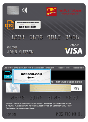 Dominica CIBC First Caribbean International bank visa card debit card template in PSD format, fully editable