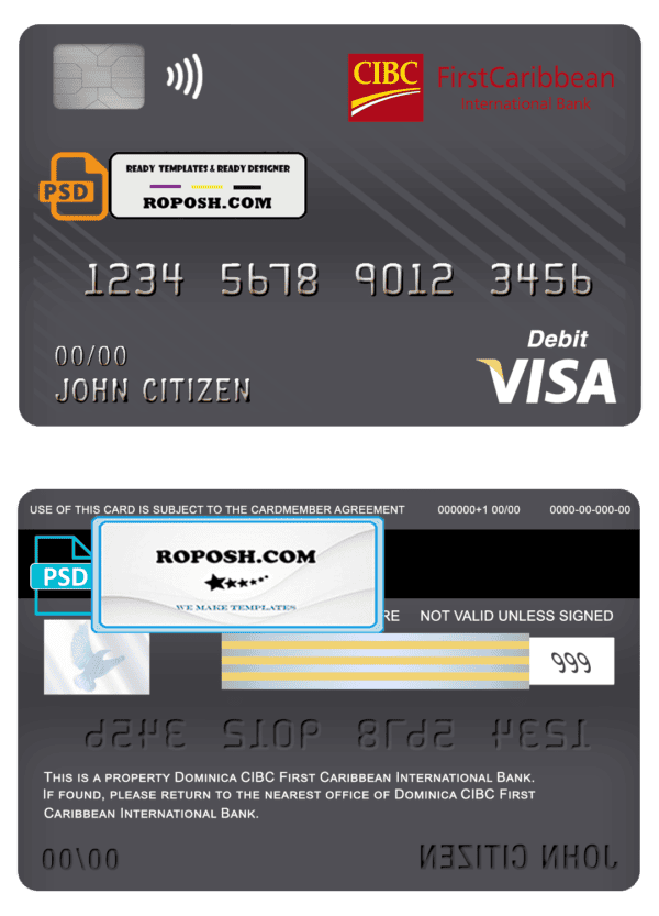Dominica CIBC First Caribbean International bank visa card debit card template in PSD format, fully editable
