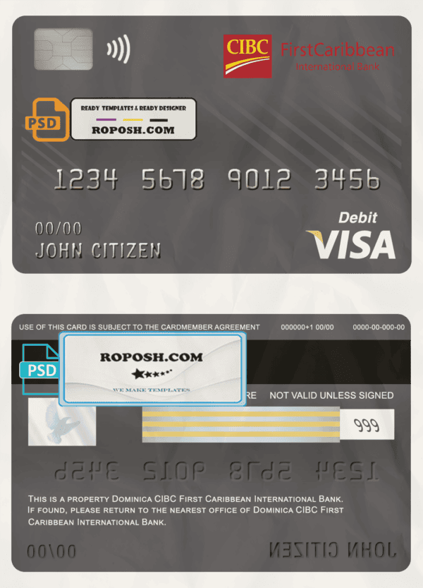 Dominica CIBC First Caribbean International bank visa card debit card template in PSD format, fully editable