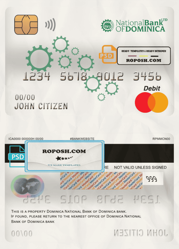 Dominica National Bank of Dominica mastercard debit card template in PSD format, fully editable