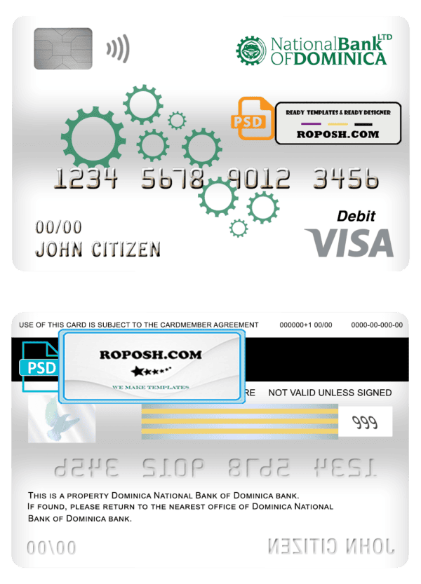 Dominica National Bank of Dominica visa card debit card template in PSD format, fully editable