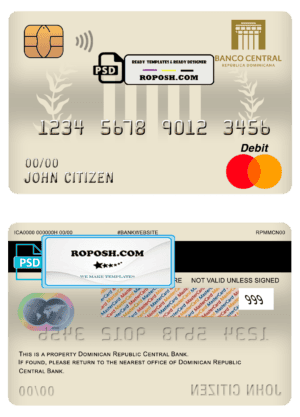 Dominican Republic Central bank Of the Dominican Republic mastercard debit card template in PSD format, fully editable
