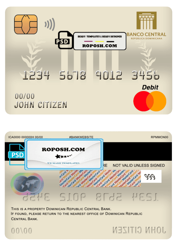 Dominican Republic Central bank Of the Dominican Republic mastercard debit card template in PSD format, fully editable