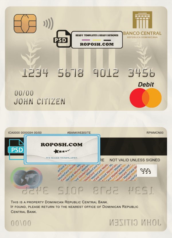 Dominican Republic Central bank Of the Dominican Republic mastercard debit card template in PSD format, fully editable