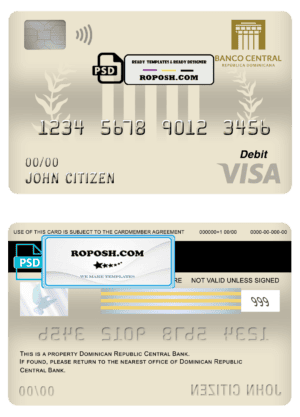 Dominican Republic Central bank Of the Dominican Republic visa card debit card template in PSD format, fully editable