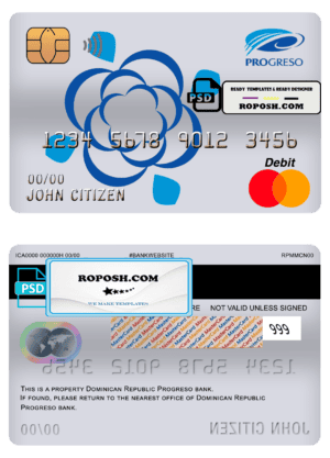 Dominican Republic Progreso bank mastercard debit card template in PSD format, fully editable