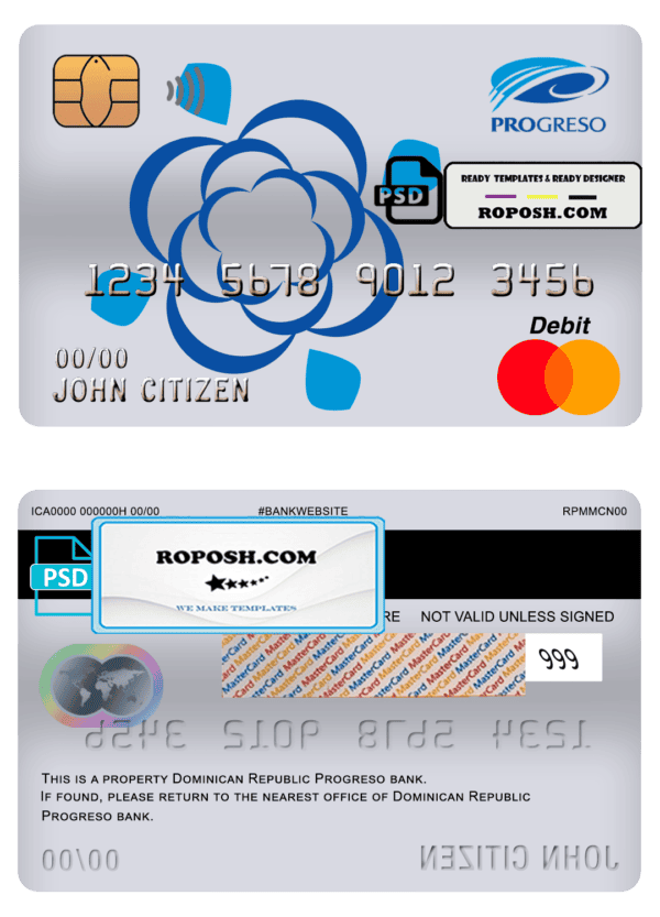 Dominican Republic Progreso bank mastercard debit card template in PSD format, fully editable