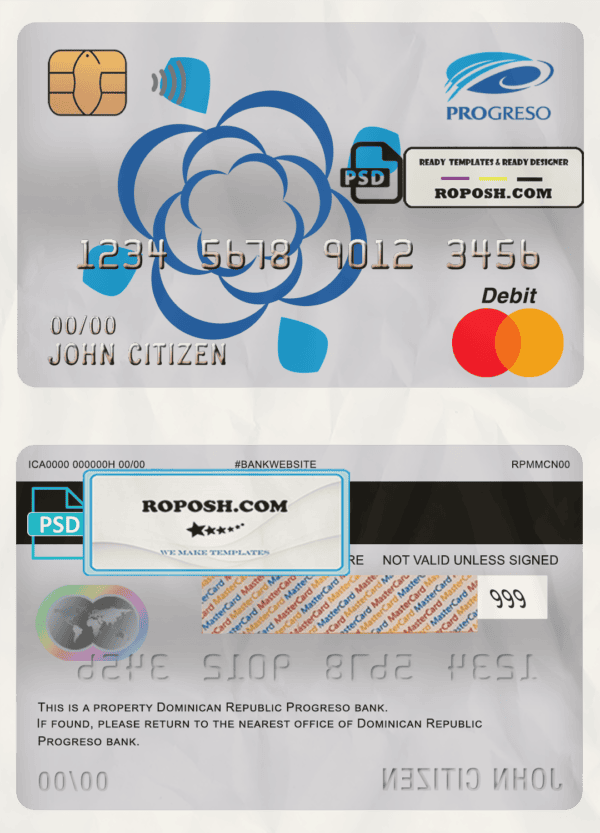 Dominican Republic Progreso bank mastercard debit card template in PSD format, fully editable