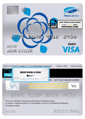 Dominican Republic Progreso bank visa card debit card template in PSD format, fully editable