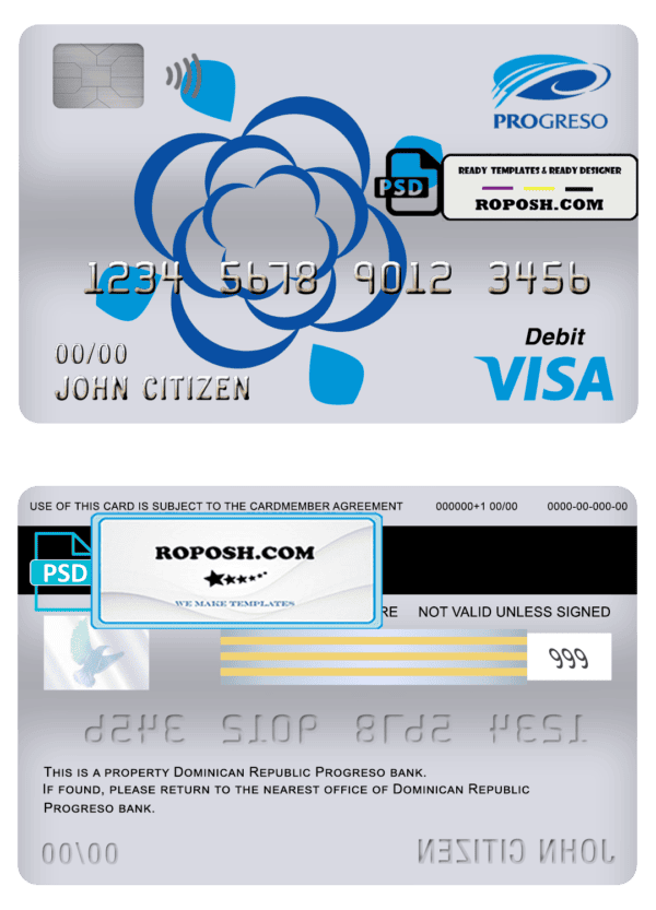 Dominican Republic Progreso bank visa card debit card template in PSD format, fully editable