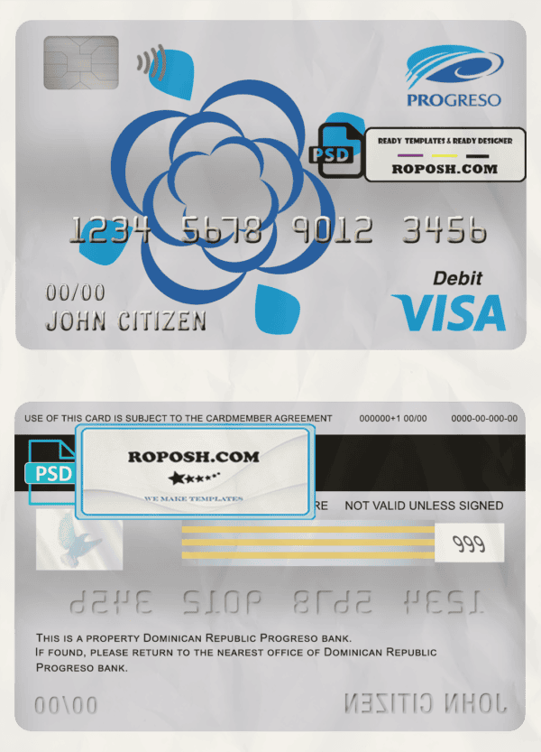 Dominican Republic Progreso bank visa card debit card template in PSD format, fully editable