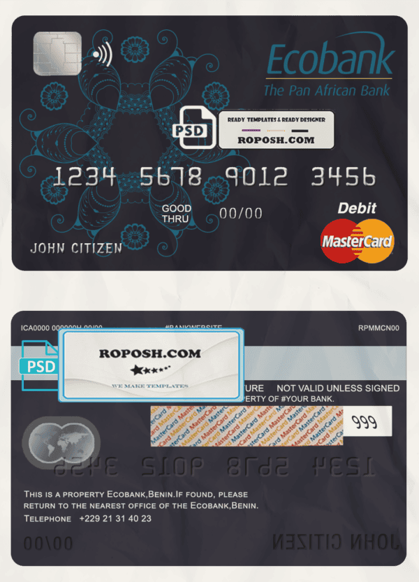 Benin Ecobank mastercard debit card template in PSD format, fully editable