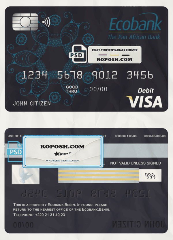 Benin Ecobank visa card debit card template in PSD format, fully editable