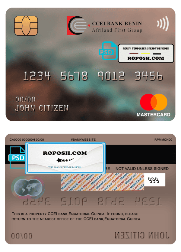 Equatorial Guinea CCEI Bank mastercard template in PSD format, fully editable
