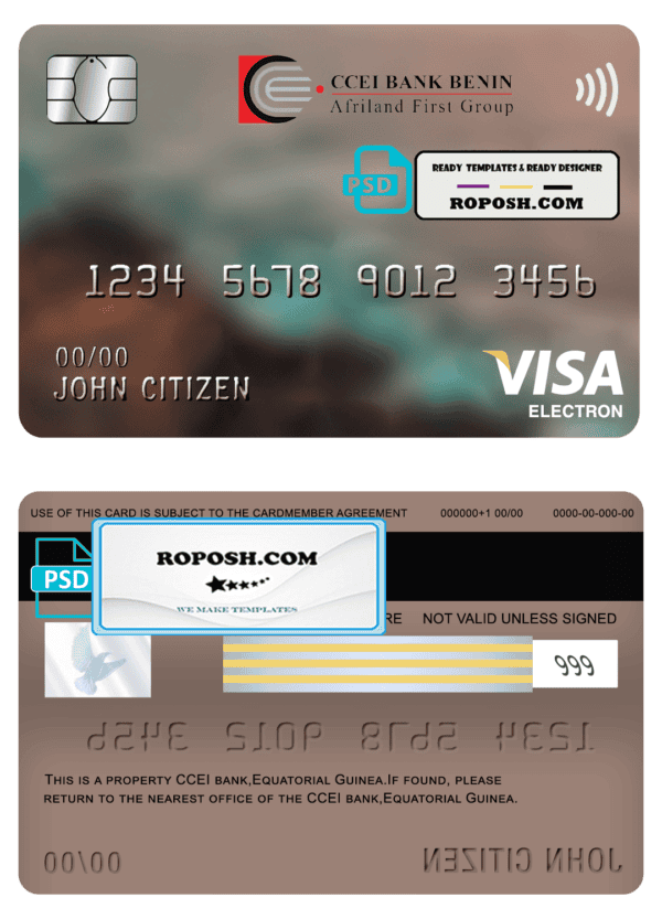 Equatorial Guinea CCEI Bank visa electron card template in PSD format, fully editable