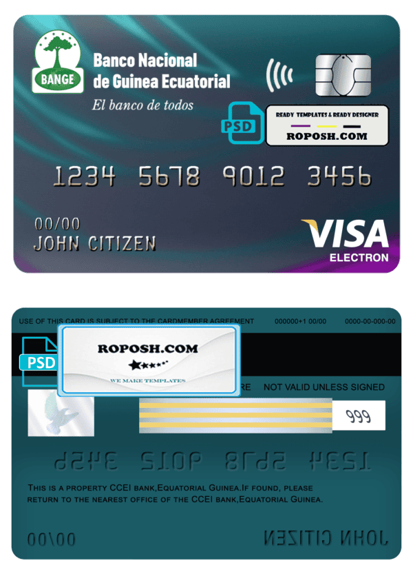 Equatorial Guinea The National Bank visa electron card template in PSD format, fully editable
