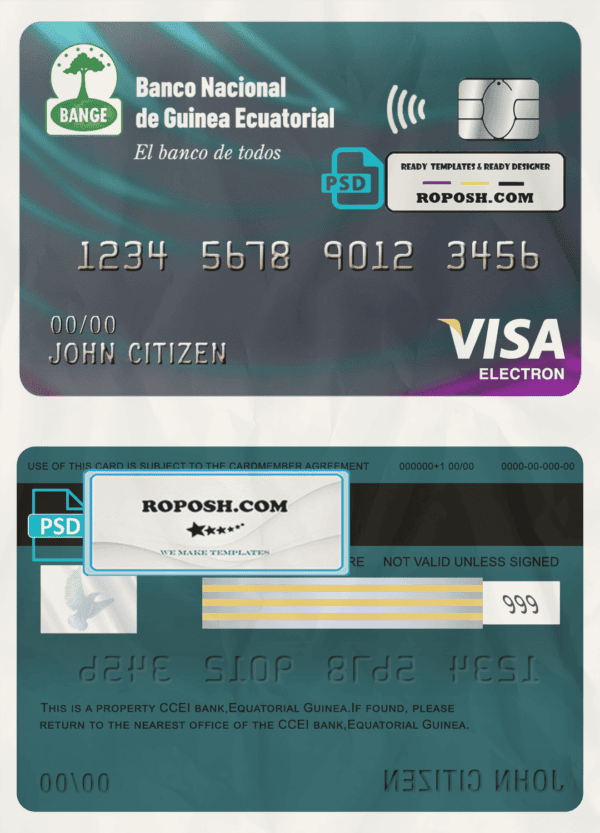 Equatorial Guinea The National Bank visa electron card template in PSD format, fully editable