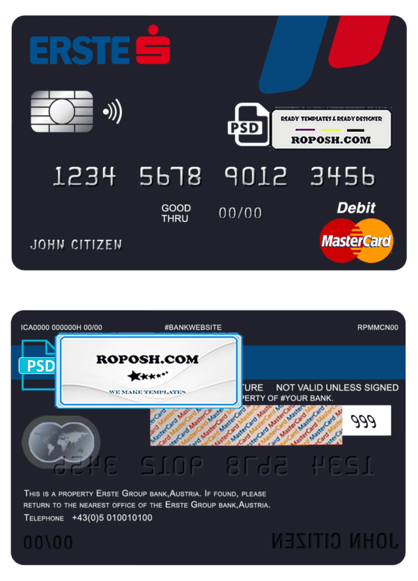 Austria Erste Group bank mastercard debit card template in PSD format, fully editable