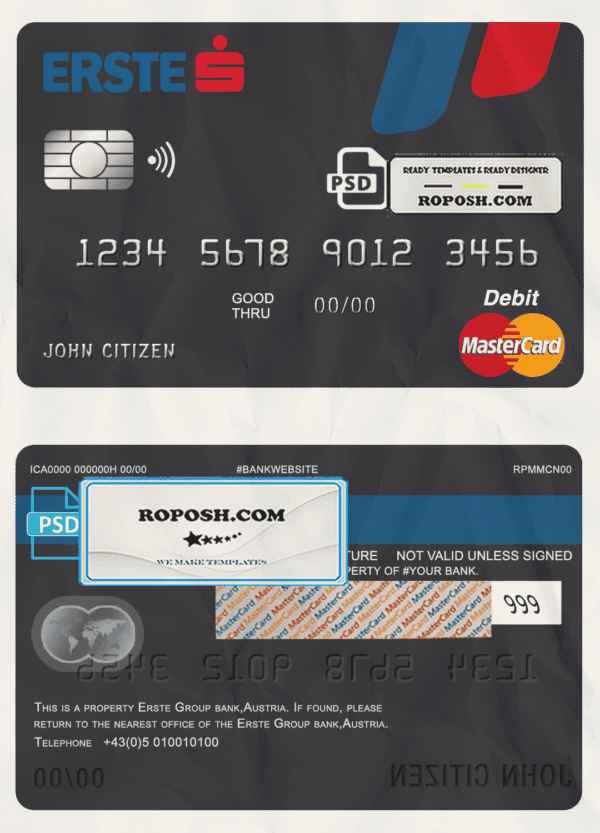 Austria Erste Group bank mastercard debit card template in PSD format, fully editable