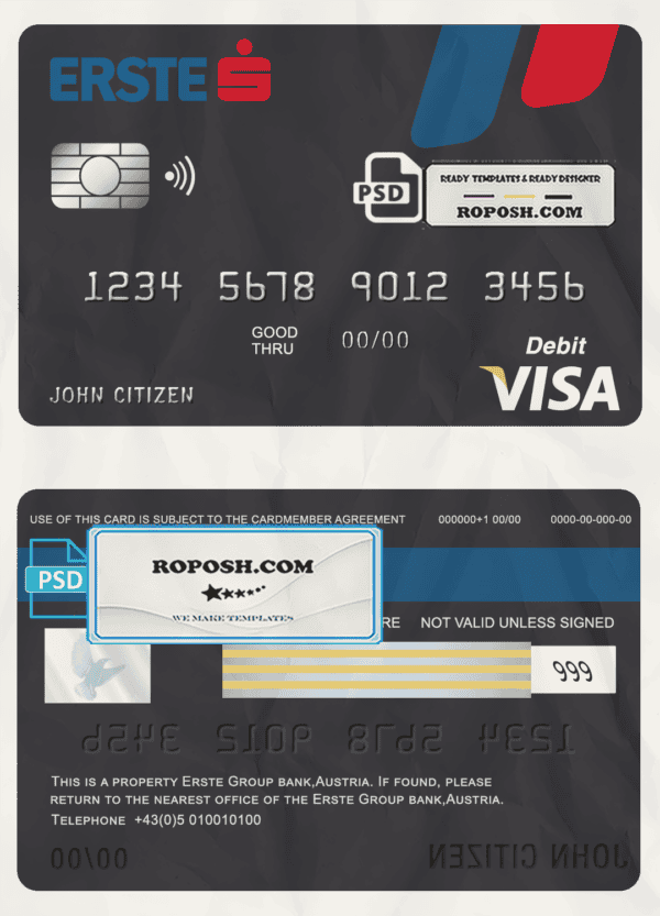 Austria Erste Group bank visa card debit card template in PSD format, fully editable