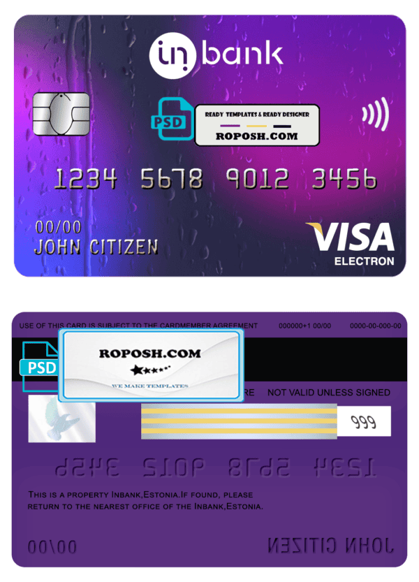 Estonia Inbank visa electron card template in PSD format, fully editable